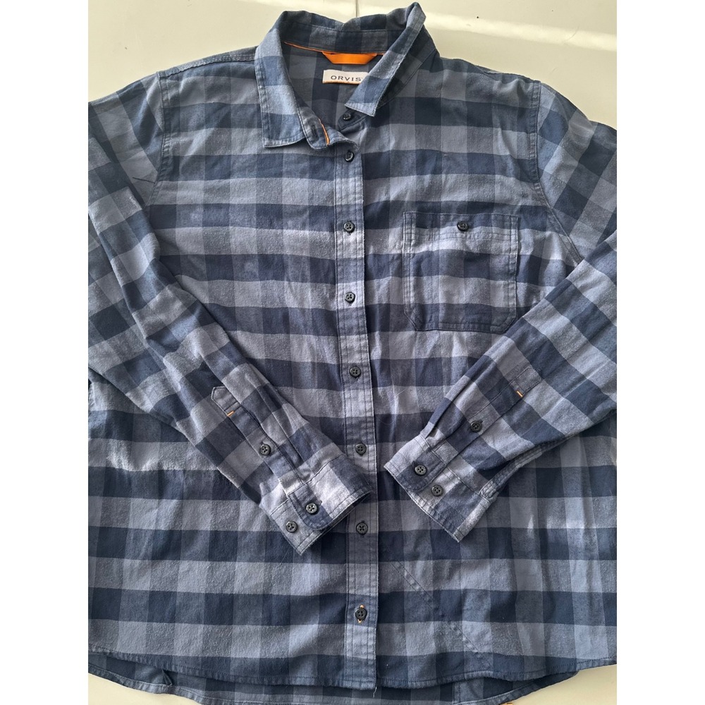 Orvis Mens XL Blue Grey Buffalo Plaid Flannel Button Down Shirt Cotton Blend